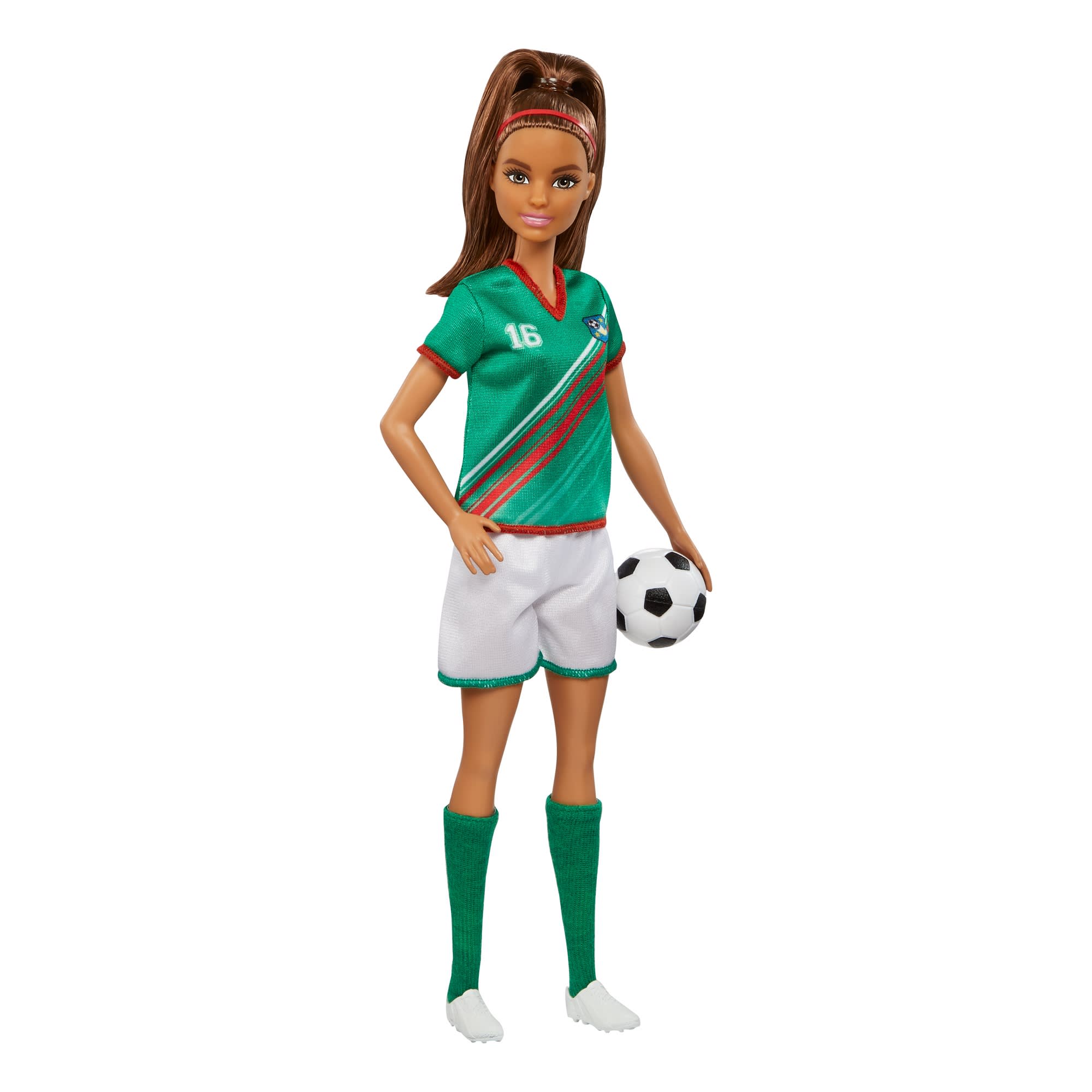 Barbie Soccer Doll, Brunette, #16 Uniform, Soccer Ball, Cleats,  Socks, 3 & Up