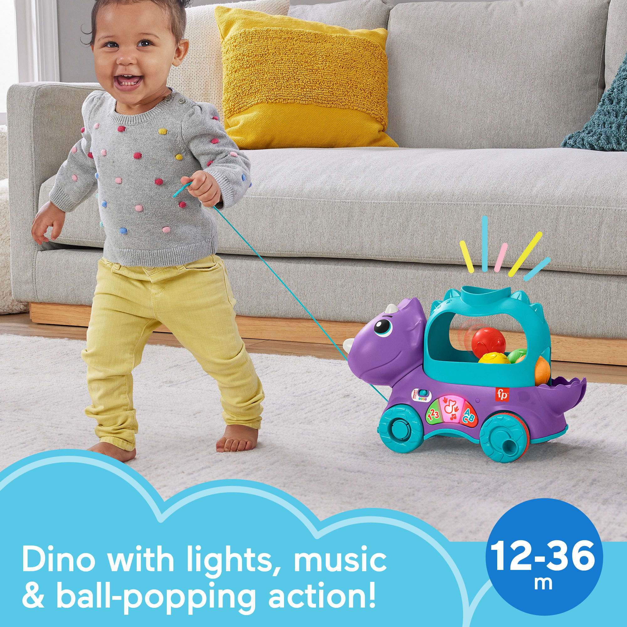 Fisher-Price Poppin’ Triceratops Dinosaur Interactive Musical Learning Toy For Toddlers, 4 Balls